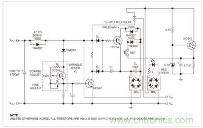這個保護電路的核心是雙穩鎖存繼電器，防止負載因過壓和錯誤極性而遭損壞