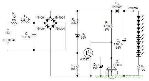 圖2：斬波工作類似圖1中的電路，但以較大的LED串聯(lián)電阻代替了恒流源，提供限流功能