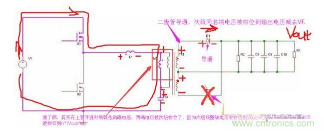 上管開通，注意諧振電感、勵磁電感、諧振電容的正負