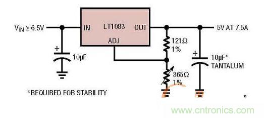 集成型線性穩壓器實例：只有3個引腳的7.5A線性穩壓器。