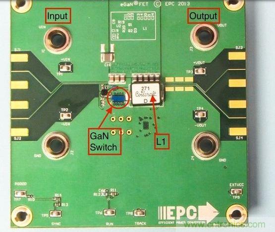 演示板用于顯示GaN的EMI。該GaN組件被圈定，我會在L1左側測量切換的波形。